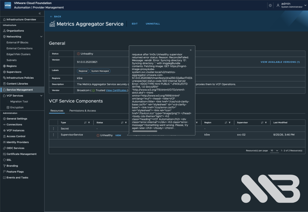 Full bundle fetch error from the Supervisor Service