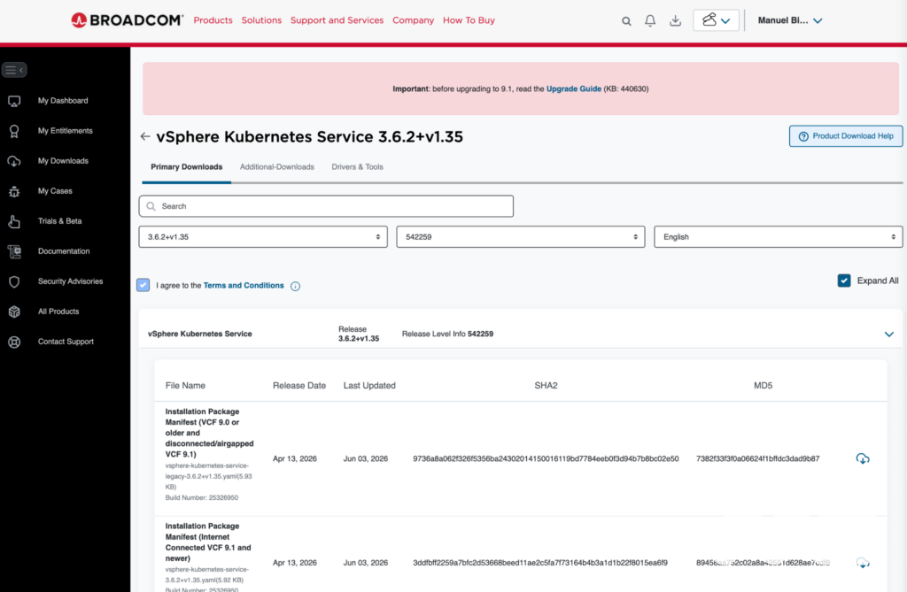 The VKS 3.6.2 service definition in the Broadcom portal